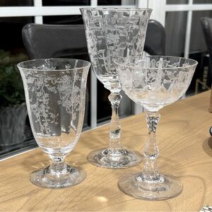 RARE 1940s Fostoria Navarre Etched Stemware Clear 3pc set